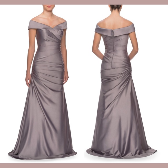 NEW $495 La‎ Femme [ 10 ] Off Shoulder Ruched Satin Trumpet Gown Platinum
